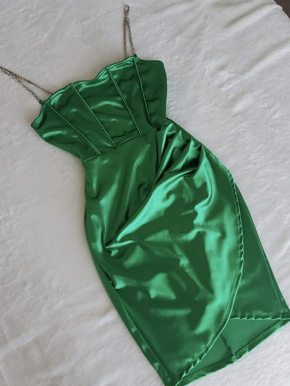 Green Satin Strapless Midi Dress with Chain Straps